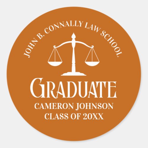 Custom Orange White Law School Graduation Party Classic Round Sticker