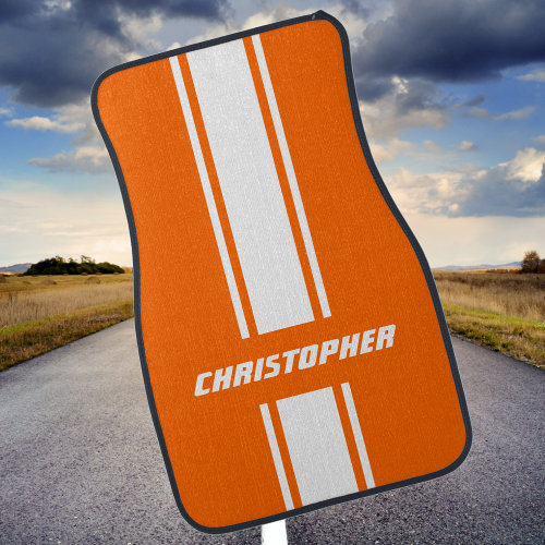 Custom Orange White Racing Stripes Monogrammed Car Car Floor Mat