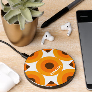 Custom Orange Yellow Brown Retro Mod Art Pattern Wireless Charger