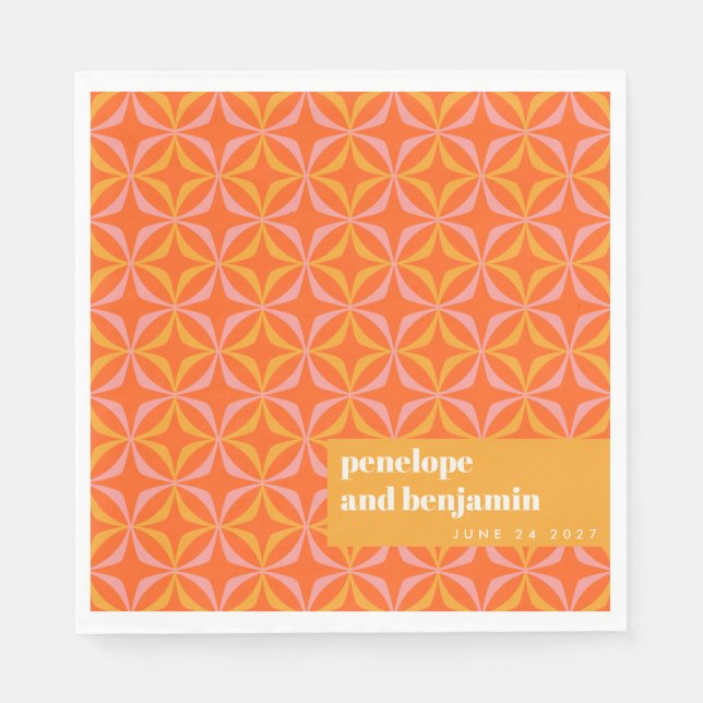 Custom Orange Yellow Retro Typography Wedding Napkins (Front)