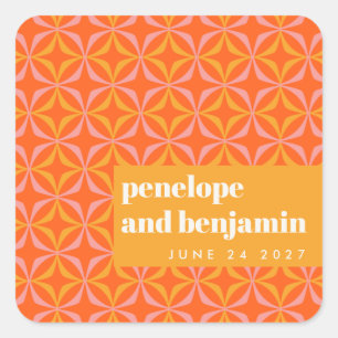 Custom Orange Yellow Retro Typography Wedding  Square Sticker