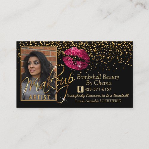 Custom Order _ Gold Confetti  Hot Pink Lips Business Card