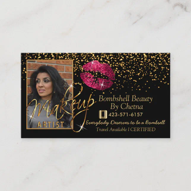 Custom Order Gold Confetti & Hot Pink Lips Business Card Zazzle