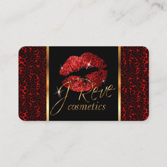 Custom Order Makeup Artist with Leopard & Red Lips Business Card (Front)