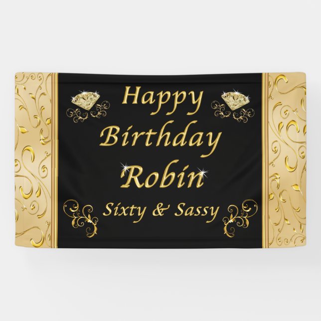 Custom Ordered Black and Gold Birthday Banner (Horizontal)