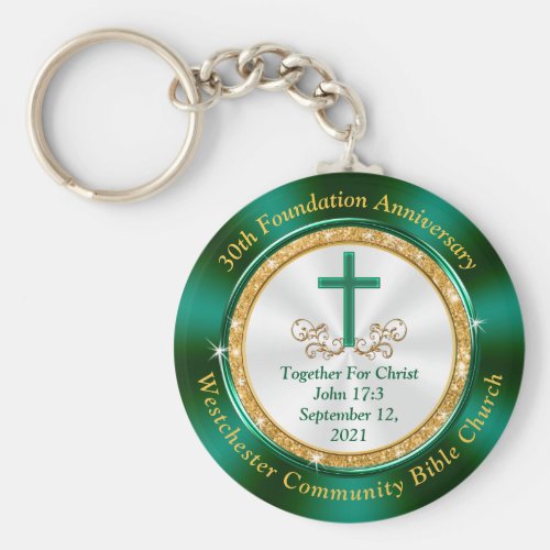 Custom Ordered Green Gold White Church Anniversary Keychain