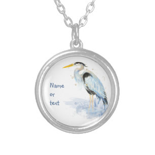 Custom Original Watercolor Great Blue Heron Bird Silver Plated Necklace