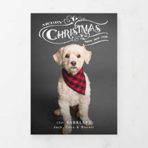 Custom Ornate Christmas Typography Pet Photo Tri-Fold Card