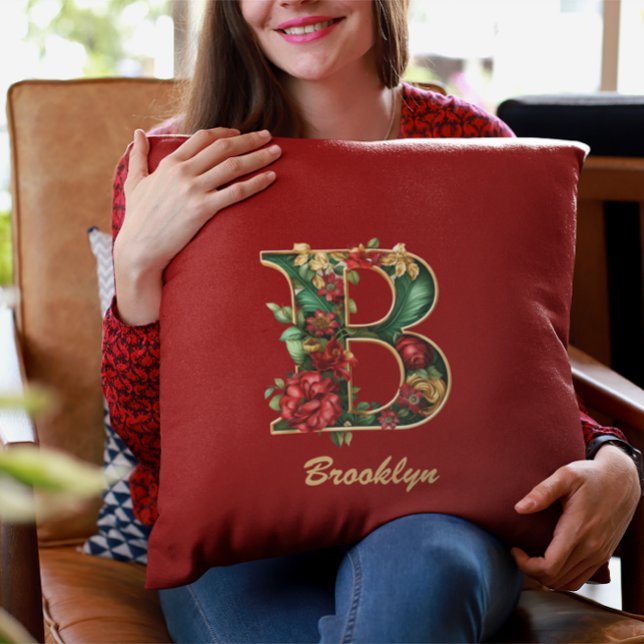 Custom Ornate Monogram B Christmas Red Gold Throw Pillow (Creator Uploaded)