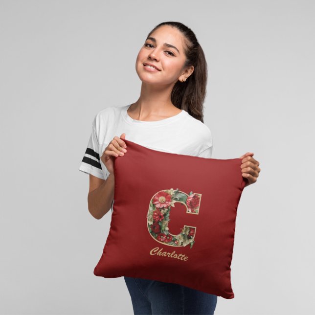 Custom Ornate Monogram C Christmas Red Gold Throw Pillow (Creator Uploaded)