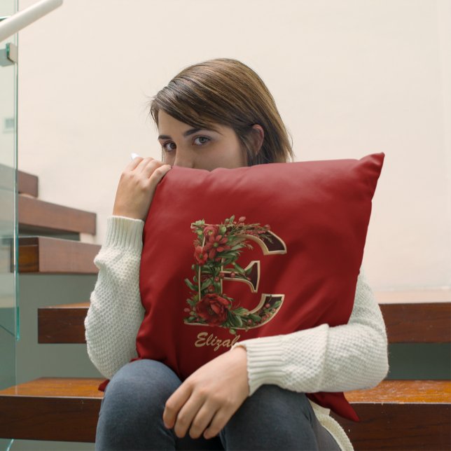 Custom Ornate Monogram E Christmas Red Gold Throw Pillow (Creator Uploaded)