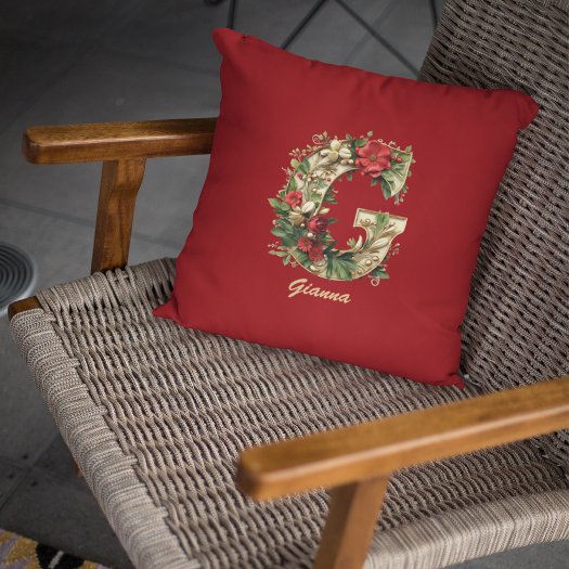 Custom Ornate Monogram G Christmas Red Gold