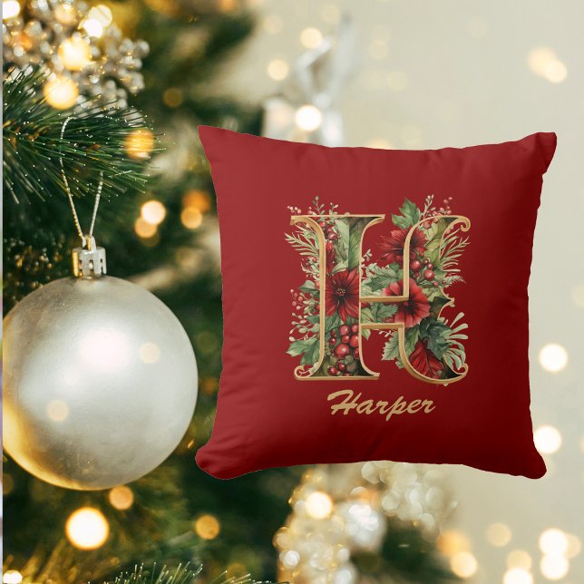 Custom Ornate Monogram H Christmas Red Gold Throw Pillow (Creator Uploaded)
