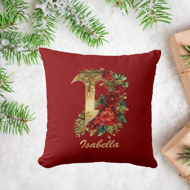 Custom Ornate Monogram I Christmas Red Gold Throw Pillow (Creator Uploaded)