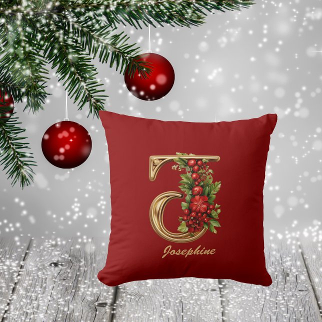 Custom Ornate Monogram J Christmas Red Gold Throw Pillow (Creator Uploaded)