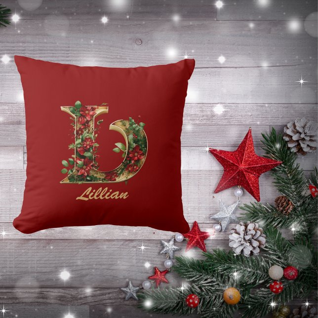 Custom Ornate Monogram L Christmas Red Gold Throw Pillow (Creator Uploaded)