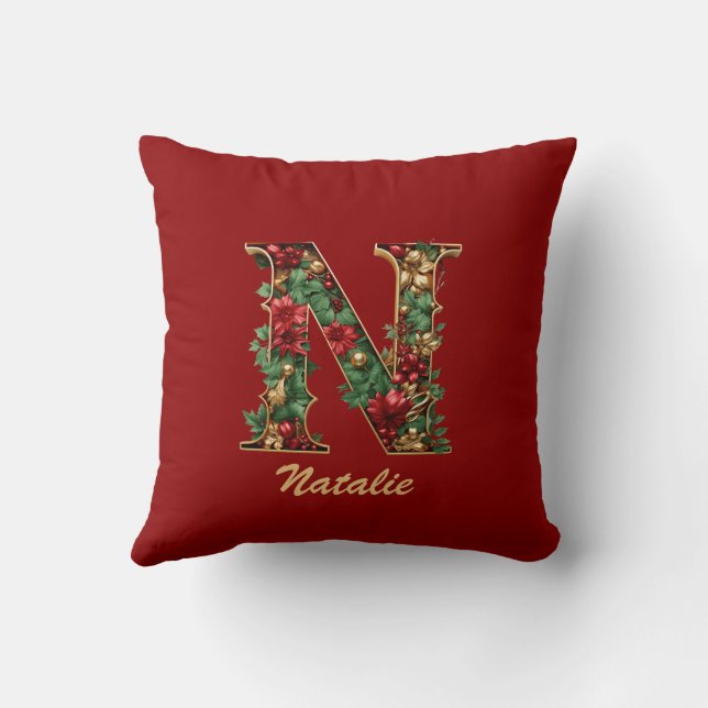 Custom Ornate Monogram N Christmas Red Gold Throw Pillow (Back)