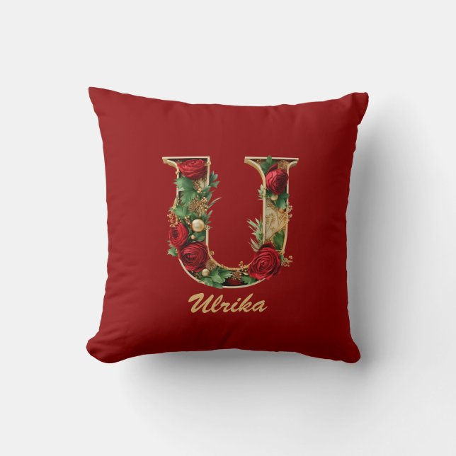 Custom Ornate Monogram U Christmas Red Gold Throw  Throw Pillow (Front)
