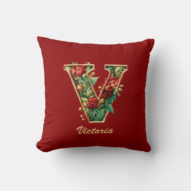 Custom Ornate Monogram V Christmas Red Gold Throw  Pillow (Front)