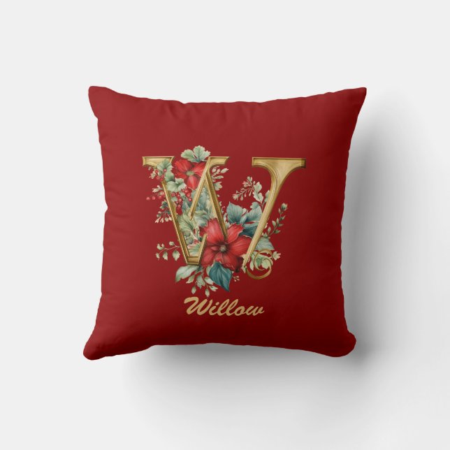 Custom Ornate Monogram W Christmas Red Gold Throw  Pillow (Back)
