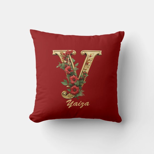 Custom Ornate Monogram Y Christmas Red Gold Throw  Throw Pillow (Front)