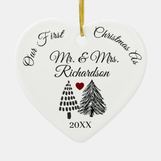 Custom Our First Christmas As Mr. & Mrs Heart Ceramic Ornament