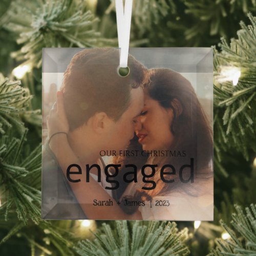 Custom Our First Christmas Engaged Couple Photo Glass Ornament