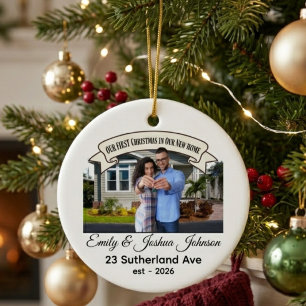 Custom Our First Christmas in Our New Home Photo Ceramic Ornament