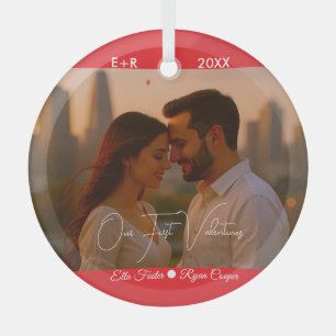 Custom Our First Valentine's Photo Glass Ornament