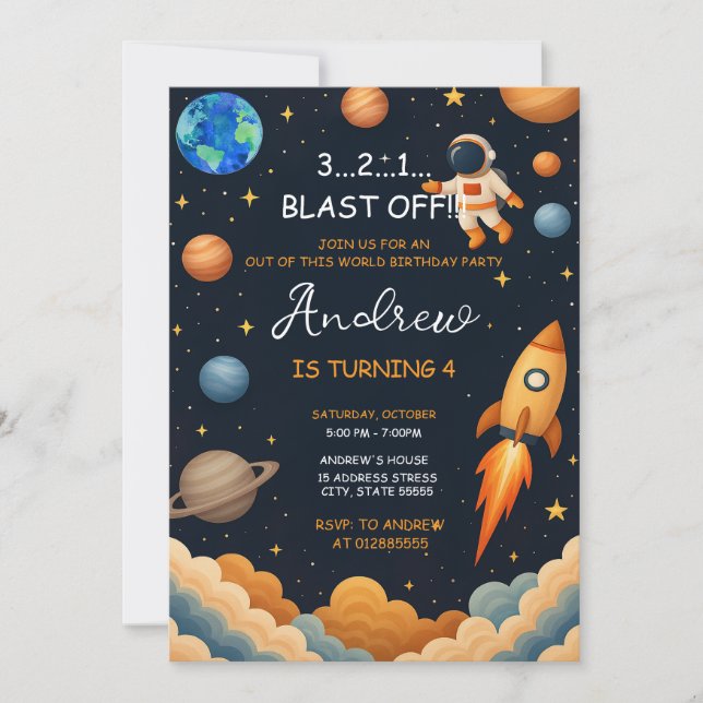 Custom Outer Boy Blast Off Rocket Ship Birthday Invitation (Front)