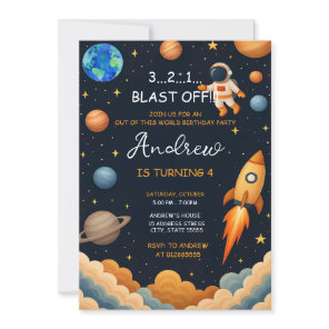 Custom Outer Boy Blast Off Rocket Ship Birthday Invitation