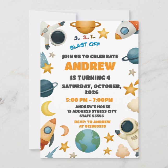 Custom Outer Space Blast Off Rocket Ship Birthday Invitation (Front)