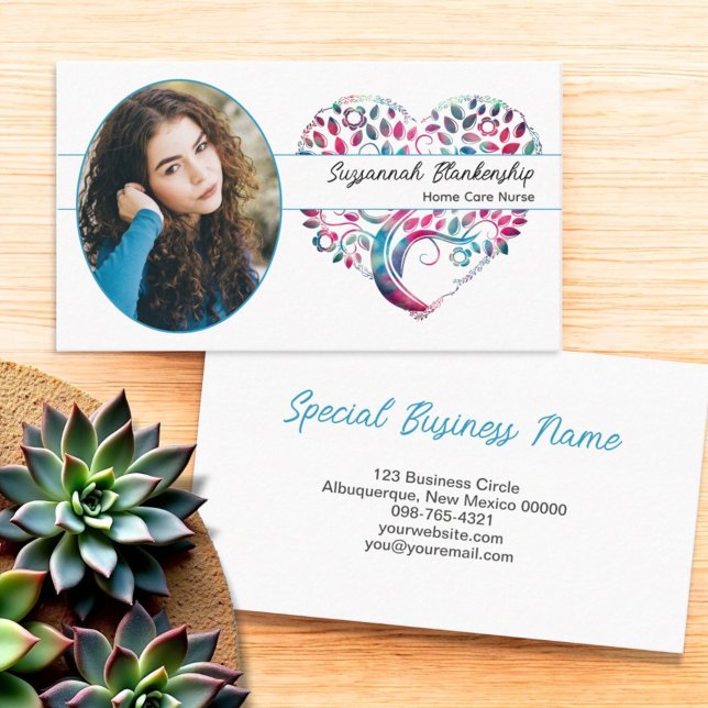 Custom Oval Photo Colorful Tree Heart Artwork  Business Card (Custom photo business card template front and back.)