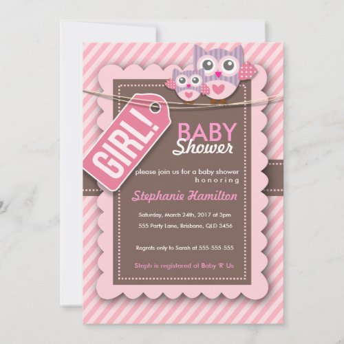 Custom owl stripes baby girl shower string custom invite