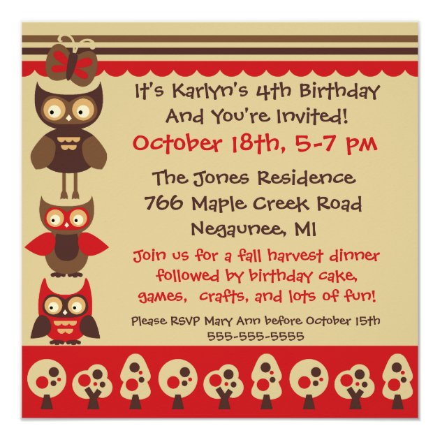Custom Owls On A Branch Birthday Invitations