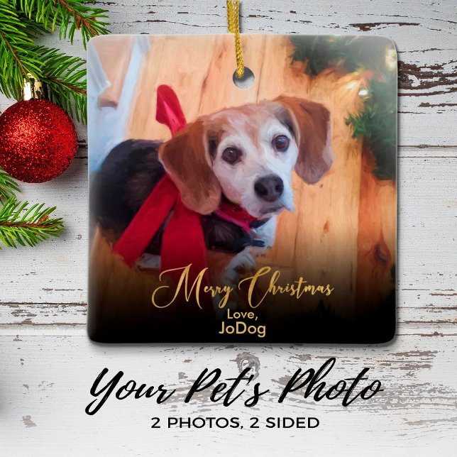 Custom Own Pet Photo Elegant Gold Script Christmas Ceramic Ornament (Creator Uploaded)
