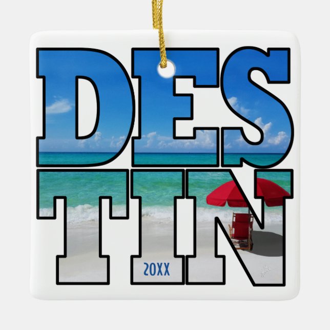 Custom Own Photo Destin Beach Umbrella Typography Ceramic Ornament (Front)