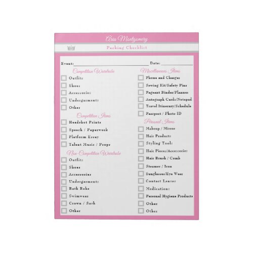 Custom Pageant Packing Checklist for Pageants Notepad
