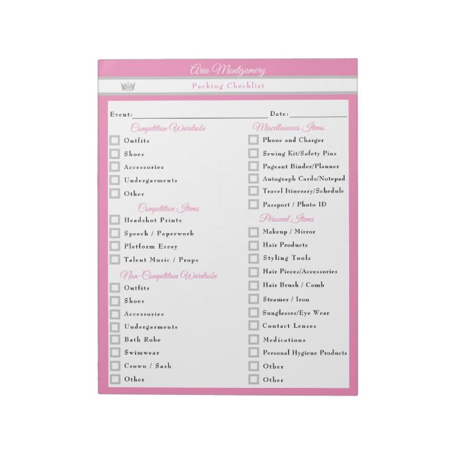 Custom Pageant Packing Checklist for Pageants Notepad (Rotated)
