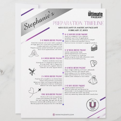 Custom Pageant Preparation Timeline Binder Page