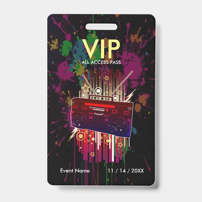 Custom Paint Splatter VIP Pass On Black For Events Badge (Front)