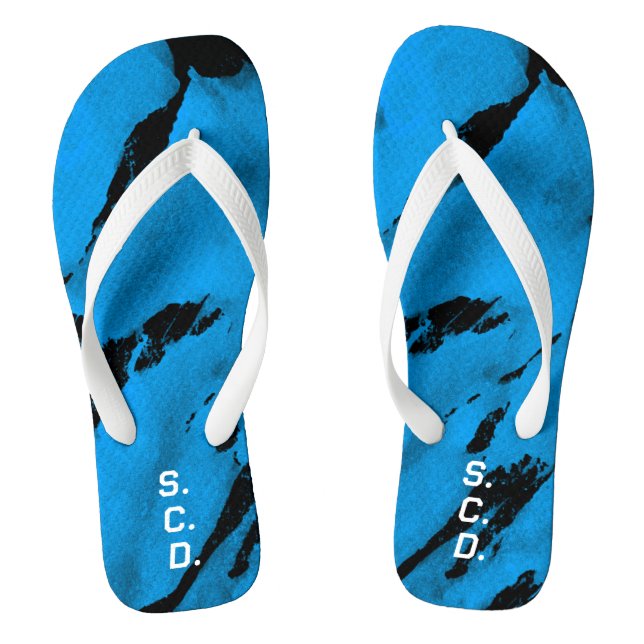 Custom Pair of Flip Flops Brushed Blue Black  (Footbed)
