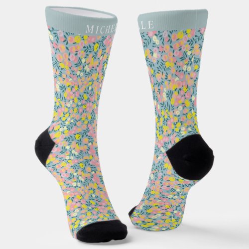 Custom Pale Green Blue Floral Pink Yellow Flowers Socks