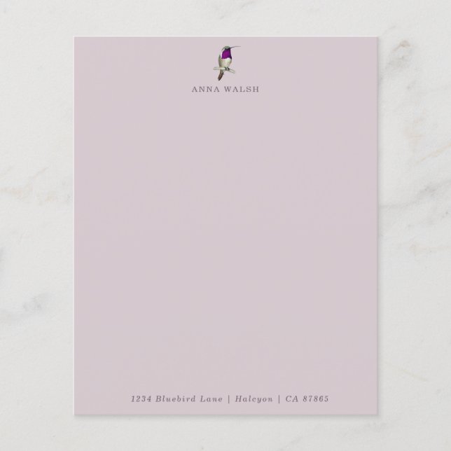 Custom Pale Lilac Hummingbird Stationery Paper (Front)