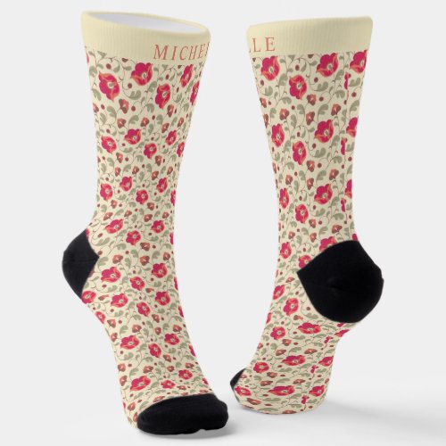 Custom Pale Yellow Floral Pink Red Flowers Pattern Socks