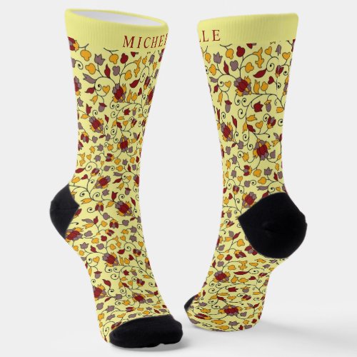 Custom Pale Yellow Floral Red Grey Flowers Socks