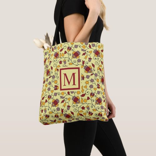 Custom Pale Yellow Floral Red Grey Flowers Tote Bag