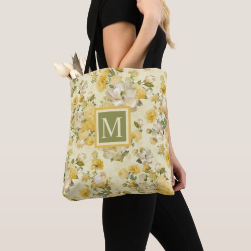Custom Pale Yellow Floral White Green Flowers Tote Bag
