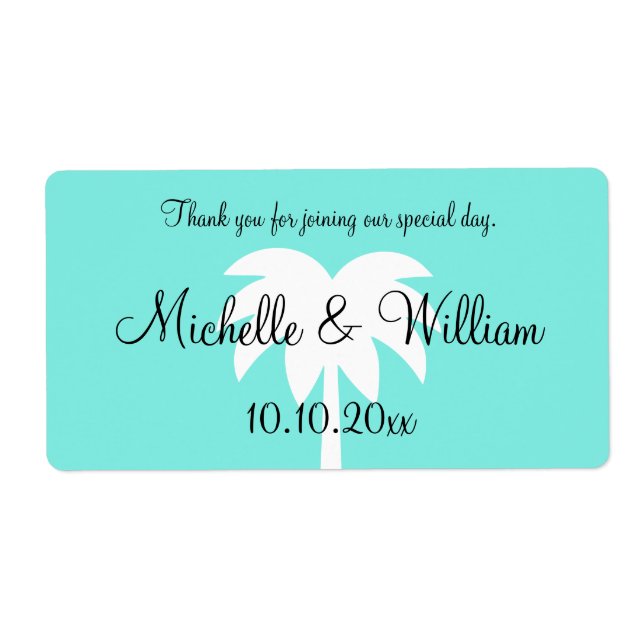 Custom palm tree beach wedding water bottle labels (Front)