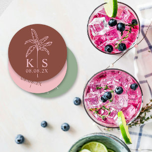 Custom Palm Tree Monogram Save the Date Logo Round Paper Coaster